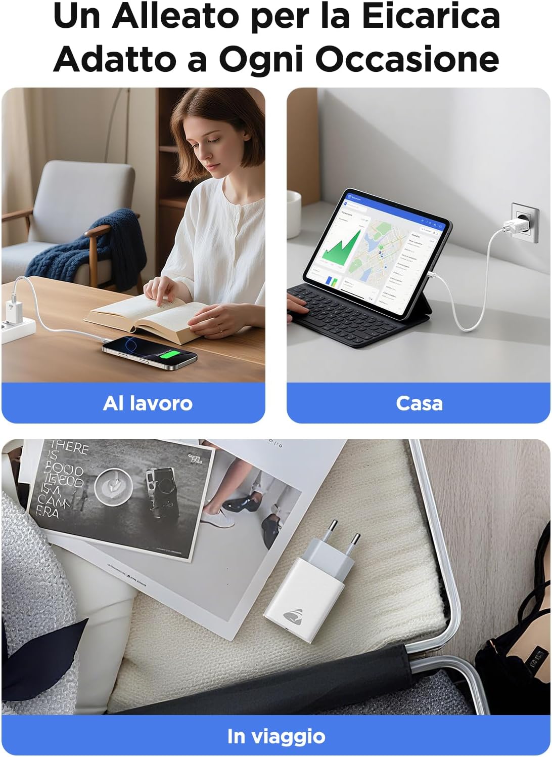 Detalle de Caricatore USB-C 20W a 2 porte 1x USB-C + 1x USB-A – alimentatore compatto per iPhone, Samsung, iPad e molto altro