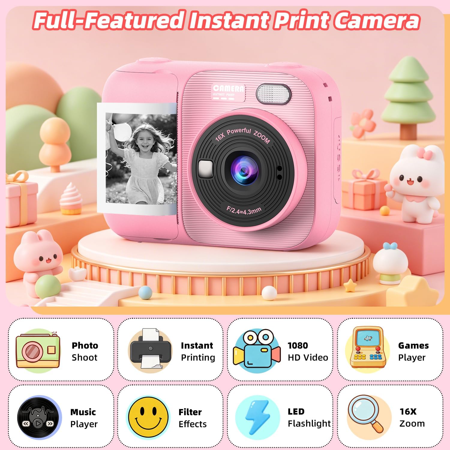 Detalle de HOOMOON P97 Kids Instant Print Camera, 1080p Video, 5 Paper Rolls, Pink