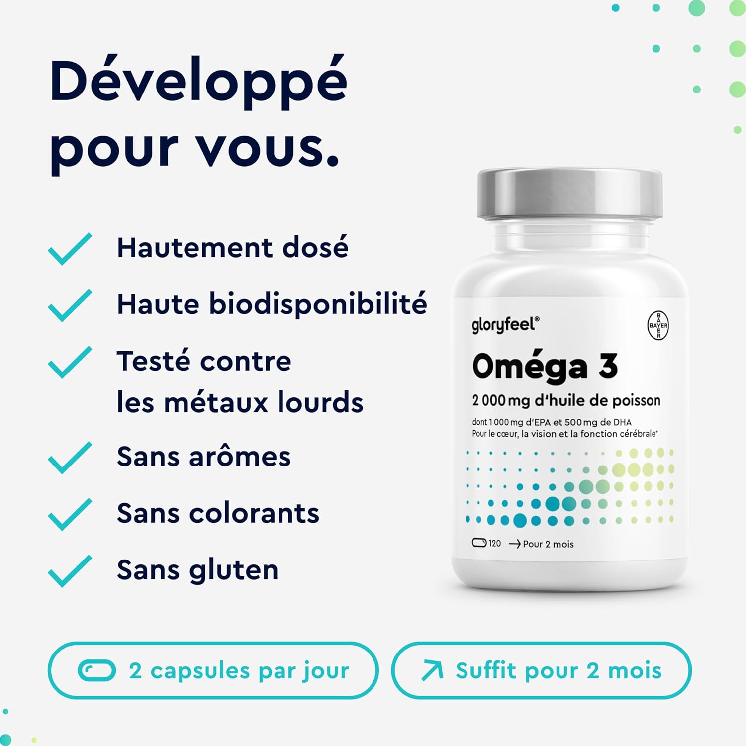 Detalle de Omega 3 2000 mg Huile de poisson sauvage (rTG) – 1000 mg EPA + 500 mg DHA, 120 gélules