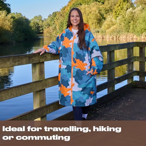 Detalle de OHS Rain Coats for Women & Men Camouflage Waterproof Changing Robe with Hood and Pockets (Blue/Orange, L/XL)