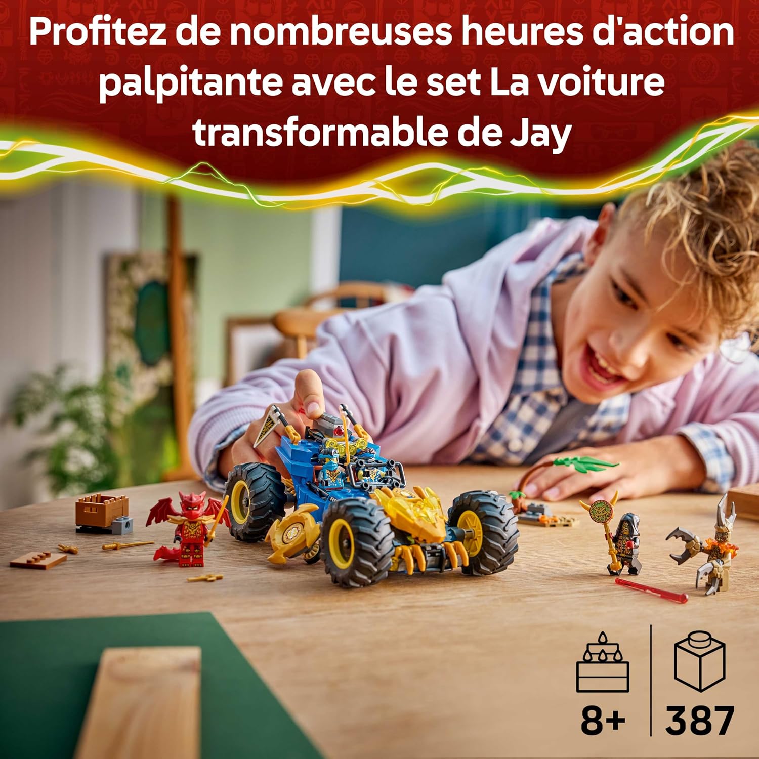 Detalle de LEGO Ninjago 2-en-1 La Voiture Transformable de Jay (71856) — Camion Ninja avec 5 Minifigurines dont Jay, Nya et Dragon Kai