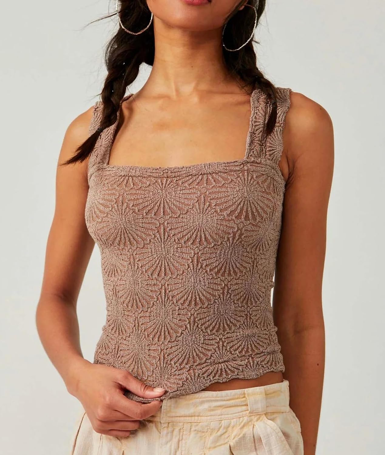 Thumbnail 2 de Women's Square Neck Wide Strap Crop Tank Tops with Flower Embroidery