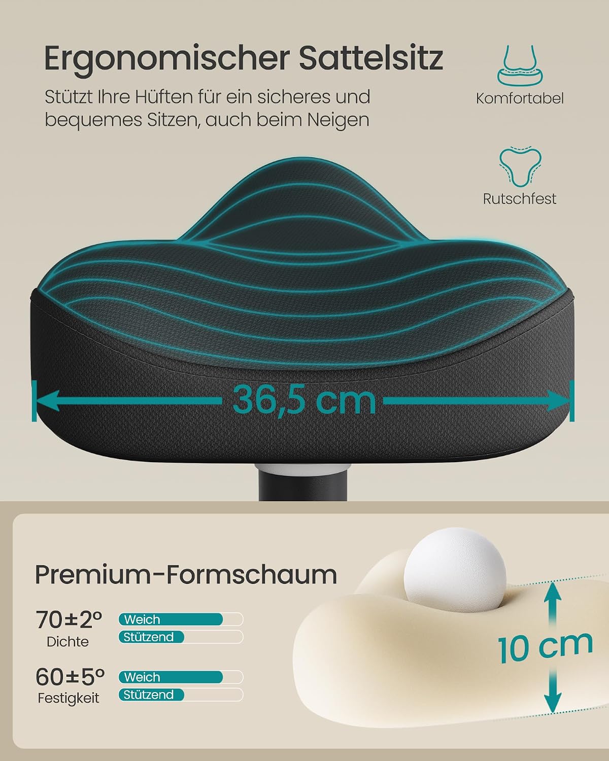 Thumbnail 5 de SONGMICS Hocker OSC018BH01 – Stehhocker mit 10° Neigung, höhenverstellbar 48–65,5 cm, Anti-Rutsch-Sockel, drehbarer Sattelsitz