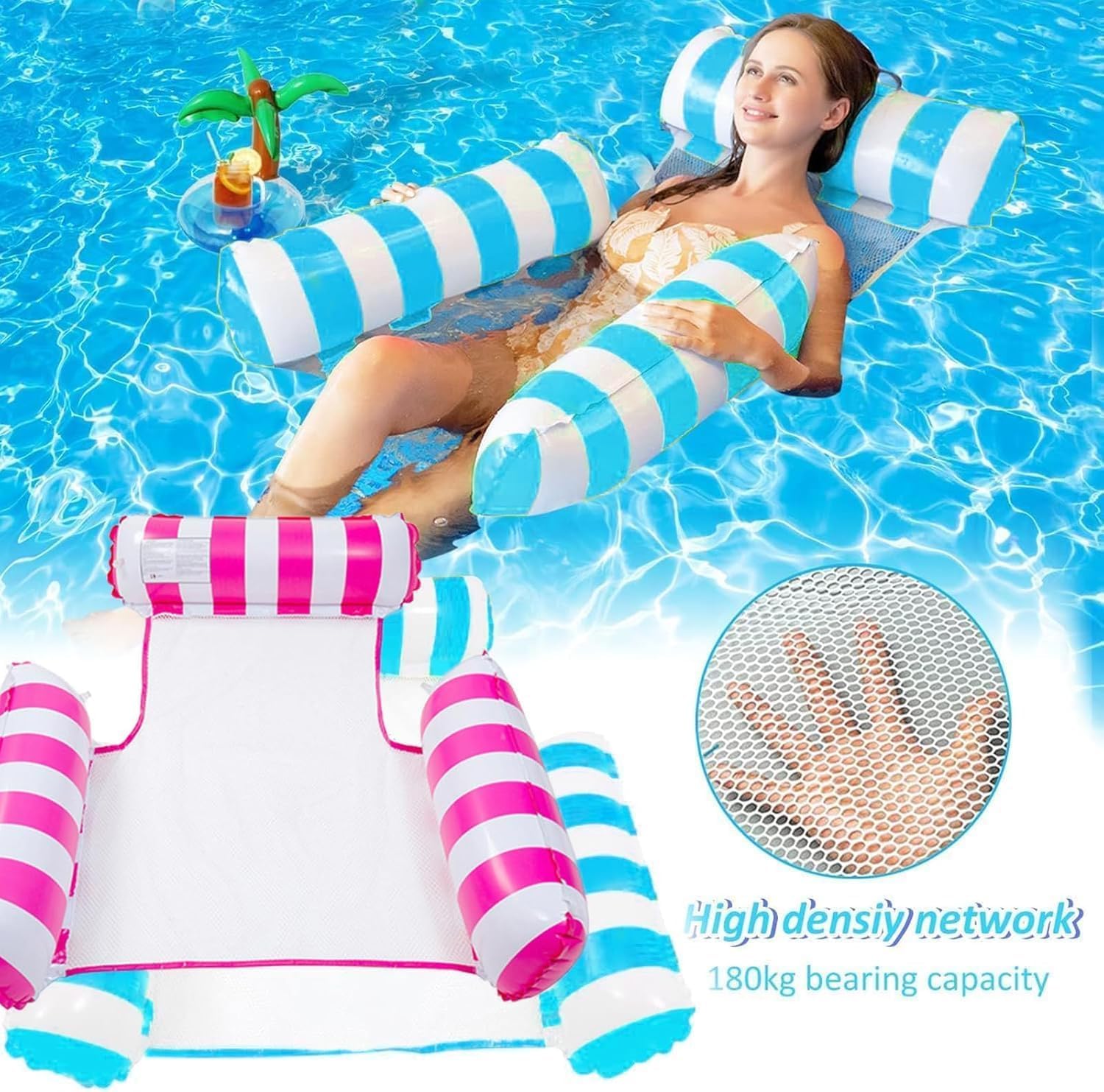 Detalle de Inflatable Pool Float Adults 2 Pack 4-in-1 Water Hammock – Pink & Green