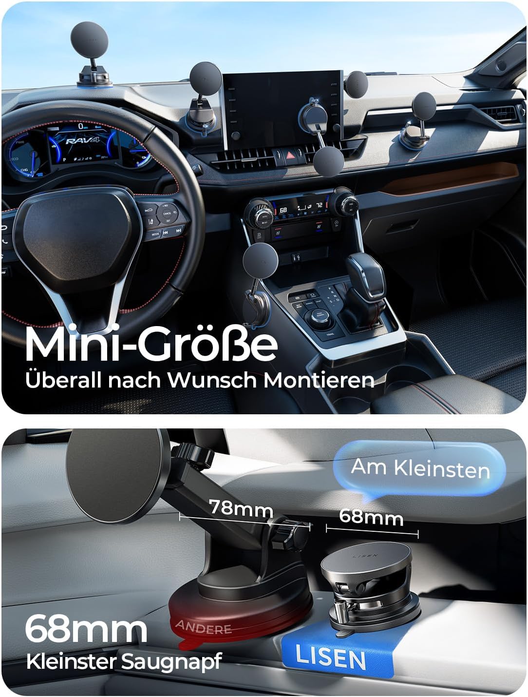 Detalle de LISEN Handyhalterung Auto mit Ladefunktion – MagSafe Halterung mit Vakuumbasis, Qi2.2 25W & 24 N52 Magnete
