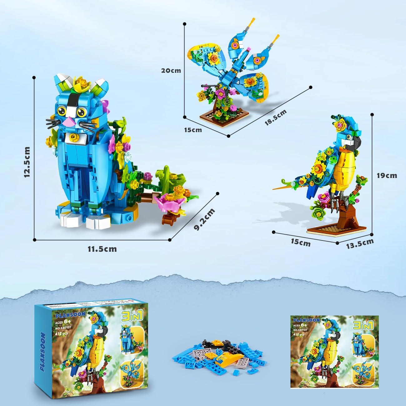 Thumbnail 6 de PLAXSOON Flower Cat 3 in 1 Building Set (412 pieces): parrot, butterfly and cat animal figures