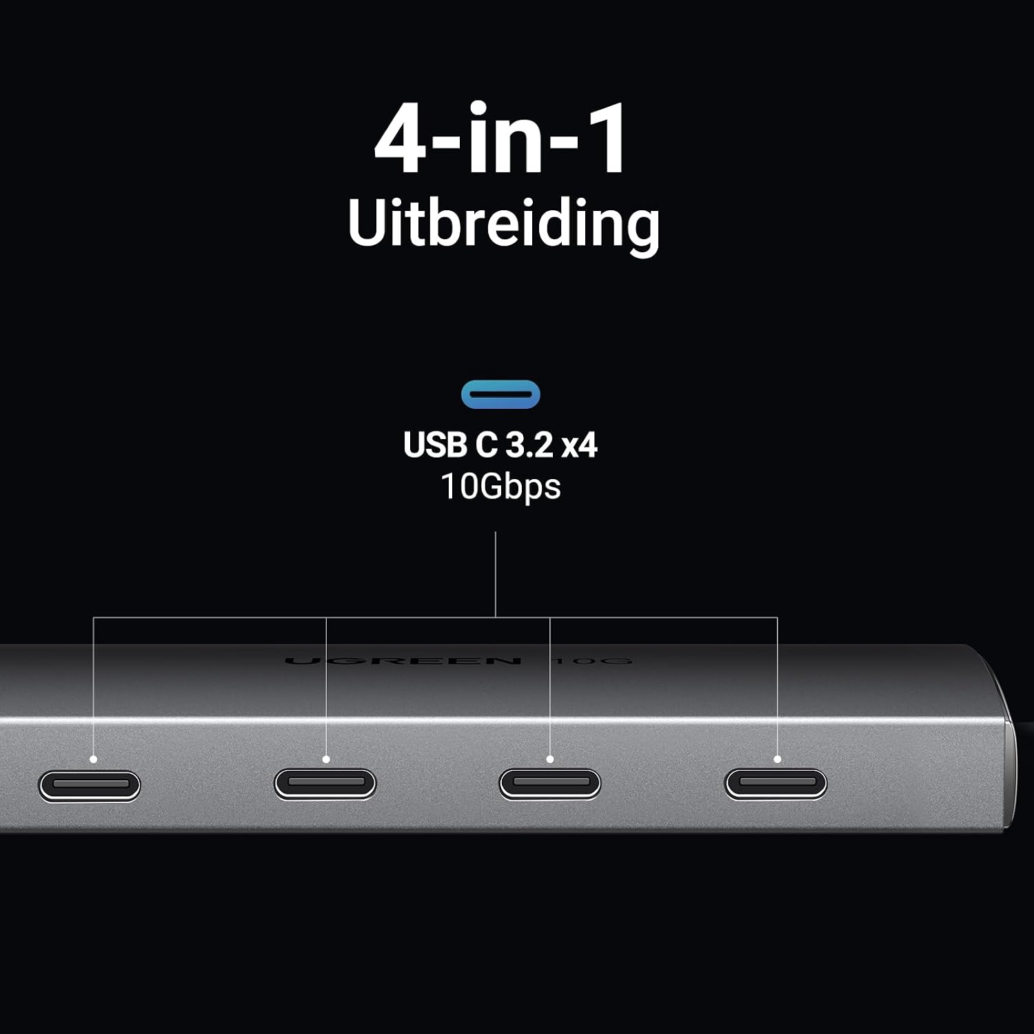 Detalle 2 de UGREEN USB-C-hub 10 Gbps met 4 USB-C 3.2-poorten en aluminium behuizing
