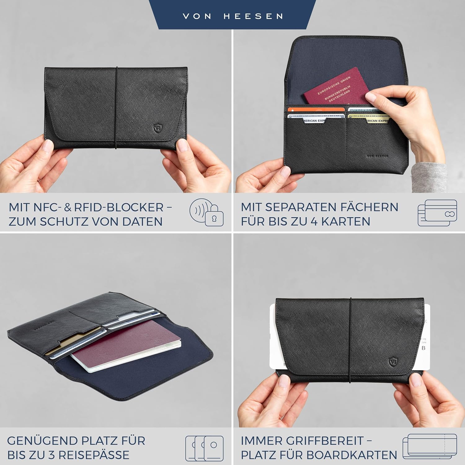 Detalle de VON HEESEN Leder-Reisepasshülle mit RFID-Schutz – Passport-Organizer aus Nappaleder (Saffiano Schwarz)