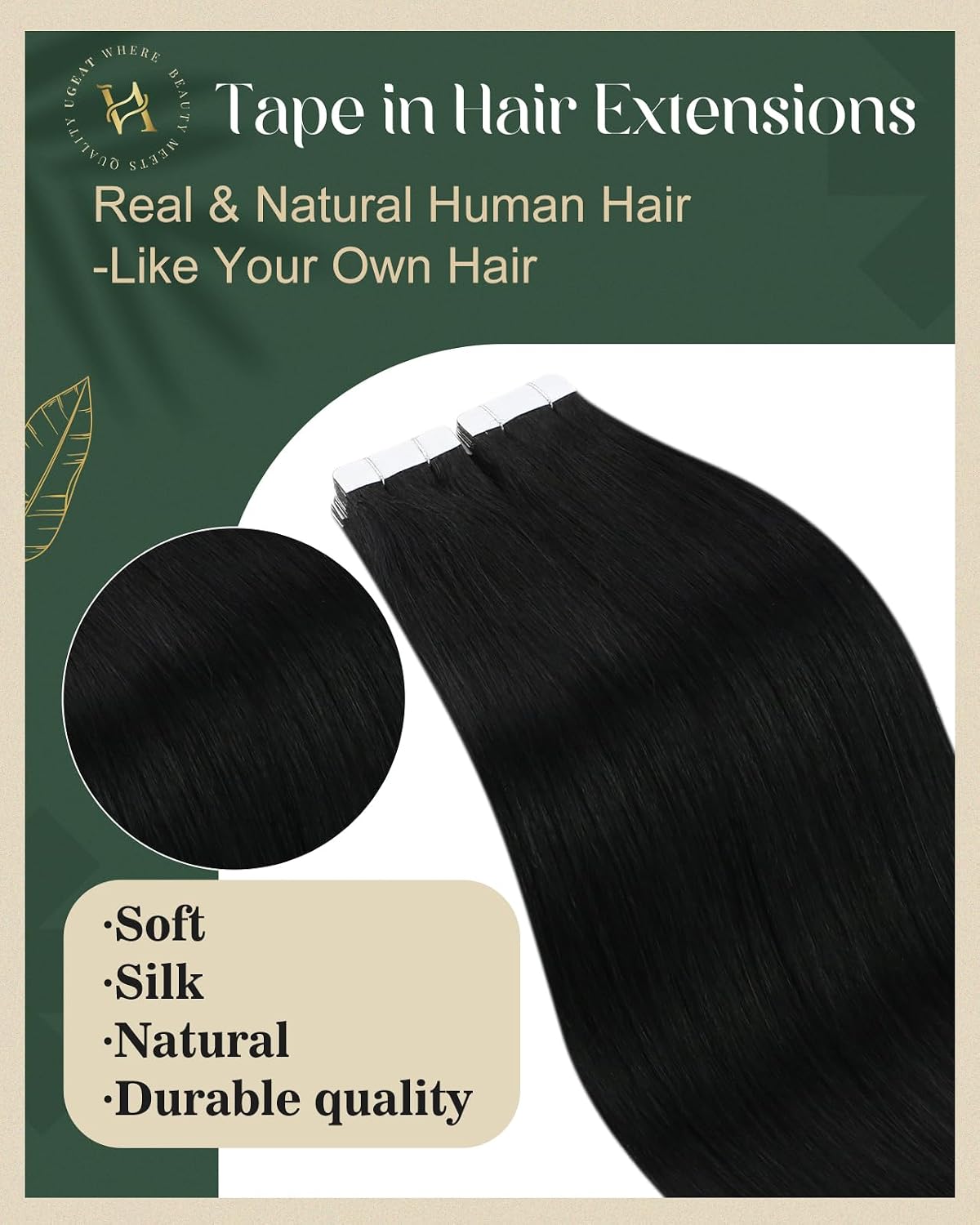 Detalle de Ugeat Tape-in Extensions Echthaar Schwarz – 20 Stück, 45 cm, 50 g