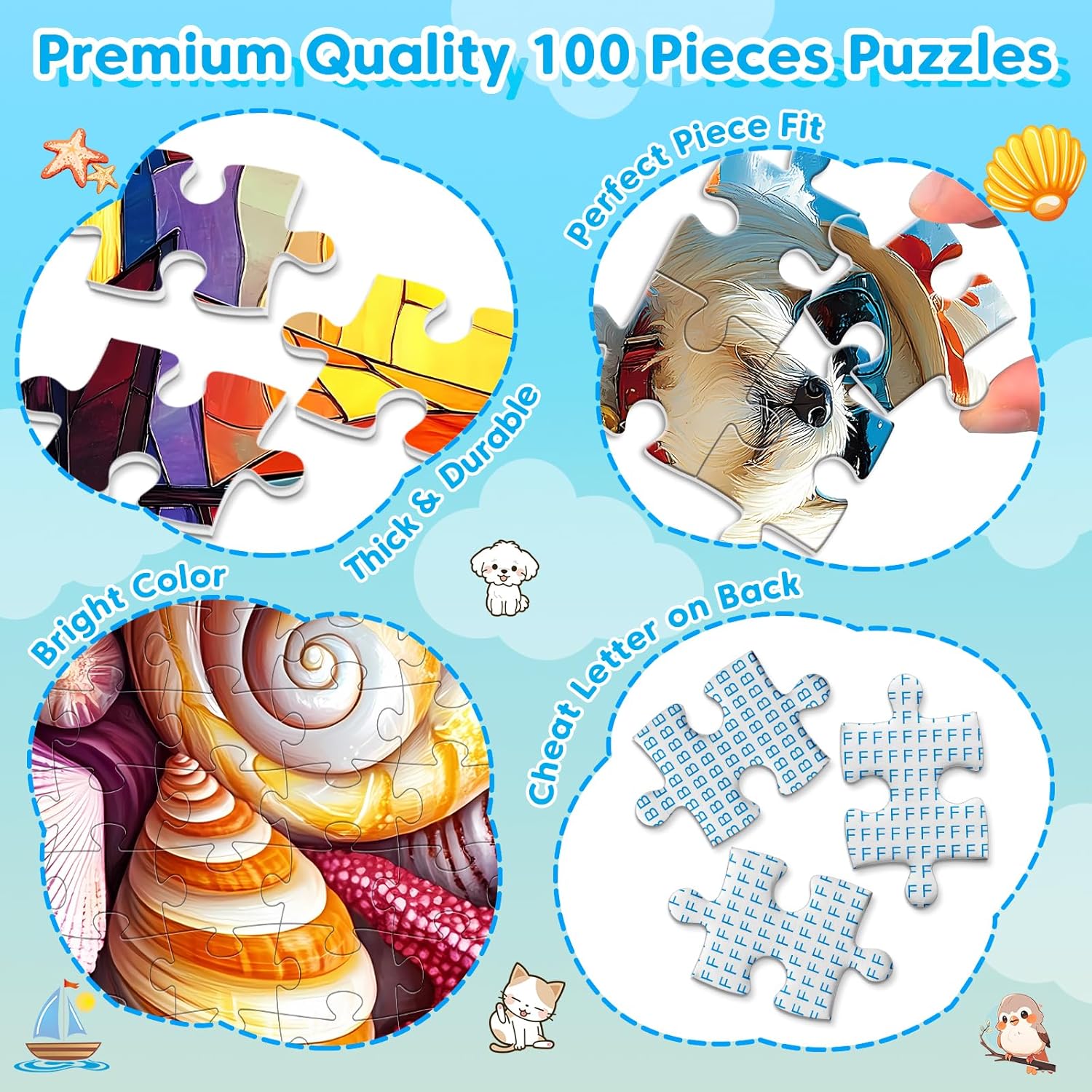Thumbnail 3 de 4 Packs 100 Piece Puzzle – Shells Sailboat Cats Dogs: Vibrant, Family-Friendly 100-Piece Puzzles