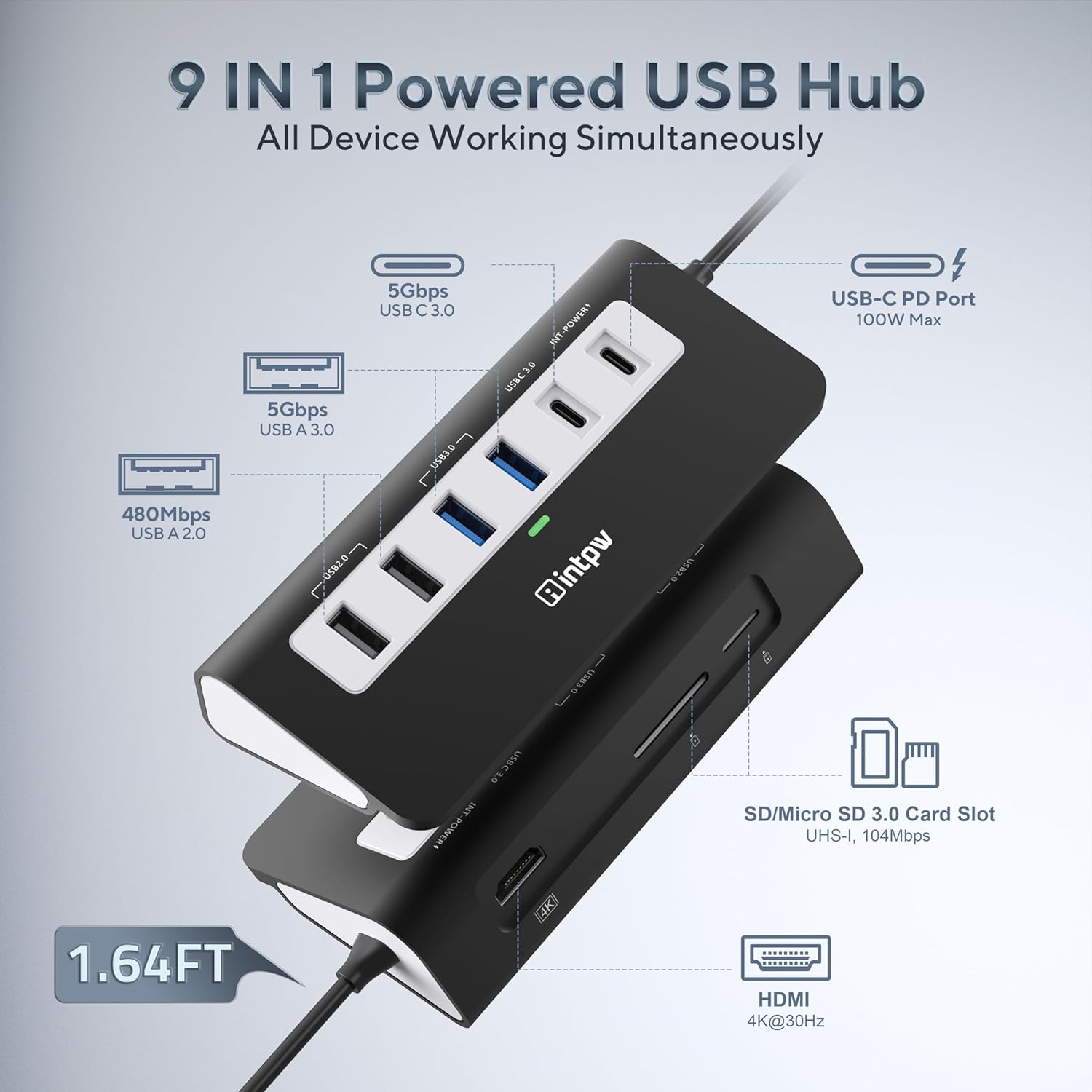 Thumbnail 1 de Intpw USB Hub 9-in-1 USB-C Docking Station – 4K HDMI, PD 100W, 2x USB 3.0, 2x USB 2.0, SD/TF
