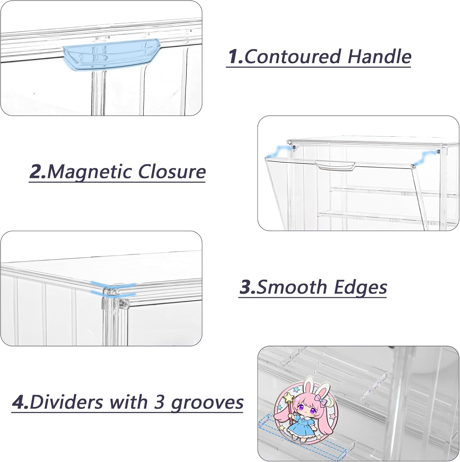 Detalle 2 de Clear Acrylic Display Case for Collectibles: 4-Layer, Magnetic Door, Stackable 14-Inch Shelf