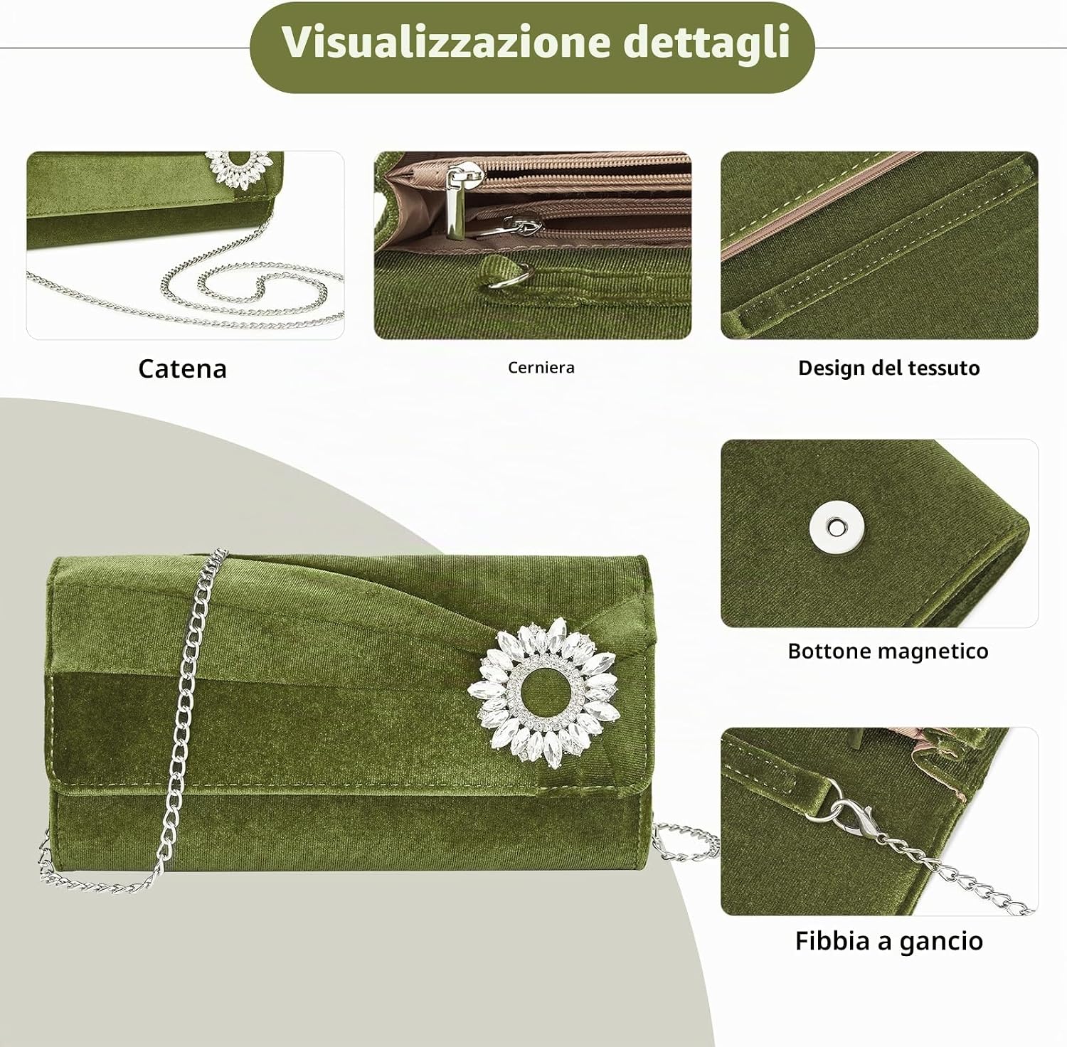 Detalle de Miss Lulu Pochette Clutch Donna: eleganza in velluto con catena removibile