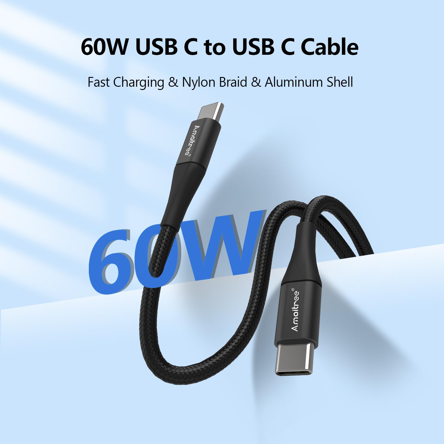 Detalle de Amaitree USB C to USB C Cable (4 ft, 3A, 60W) – Ultra-Durable Nylon Braided Type-C Link for iPhone, Galaxy, iPad Pro, and More