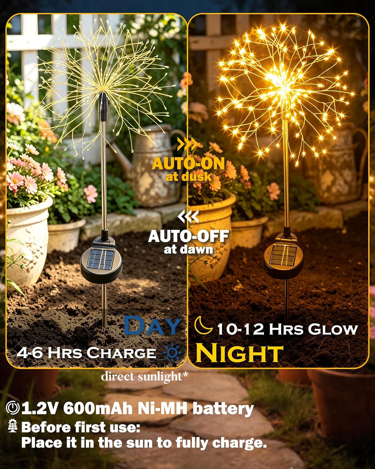 Detalle de INMKALI Solar Garden Lights: 2 Pack 150 LEDs Fairy Pathway Lights in Gold