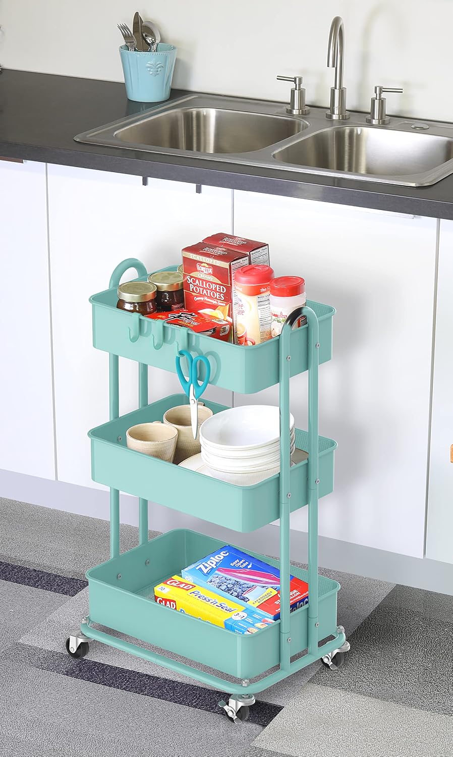 Thumbnail 4 de Simple Houseware CB-10C-T 3-Tier Metal Utility Cart, Turquoise
