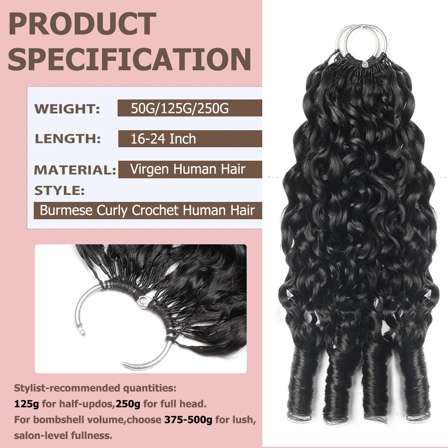 Detalle de Burmese Curly Crochet Human Hair for Black Women, 18 Inch, 125g, 100 Strands Pre-Separated Feather Crochet Hair (Natural Black)