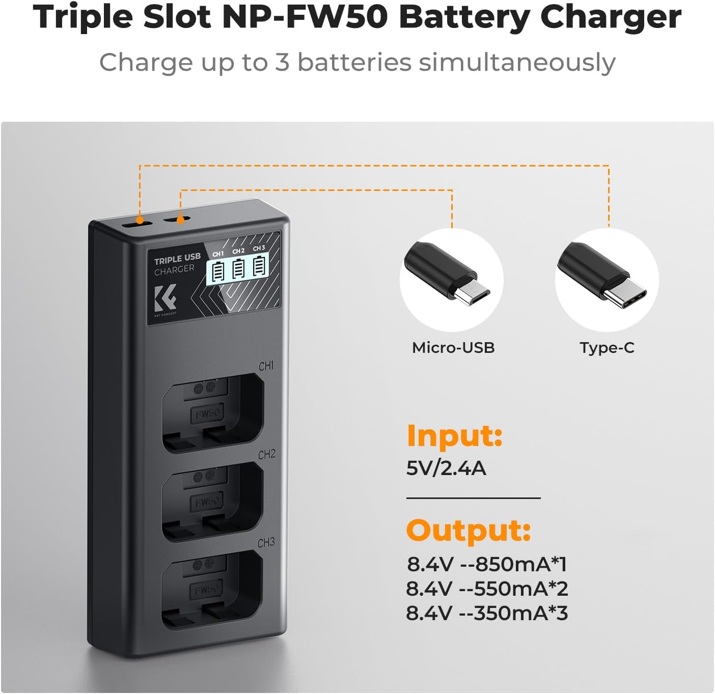 Thumbnail 1 de K&F CONCEPT NP-FW50 Ladegerät mit 3 Slots und LCD-Display (für Sony-ZV-E10, A7 II, A6400 & weitere)