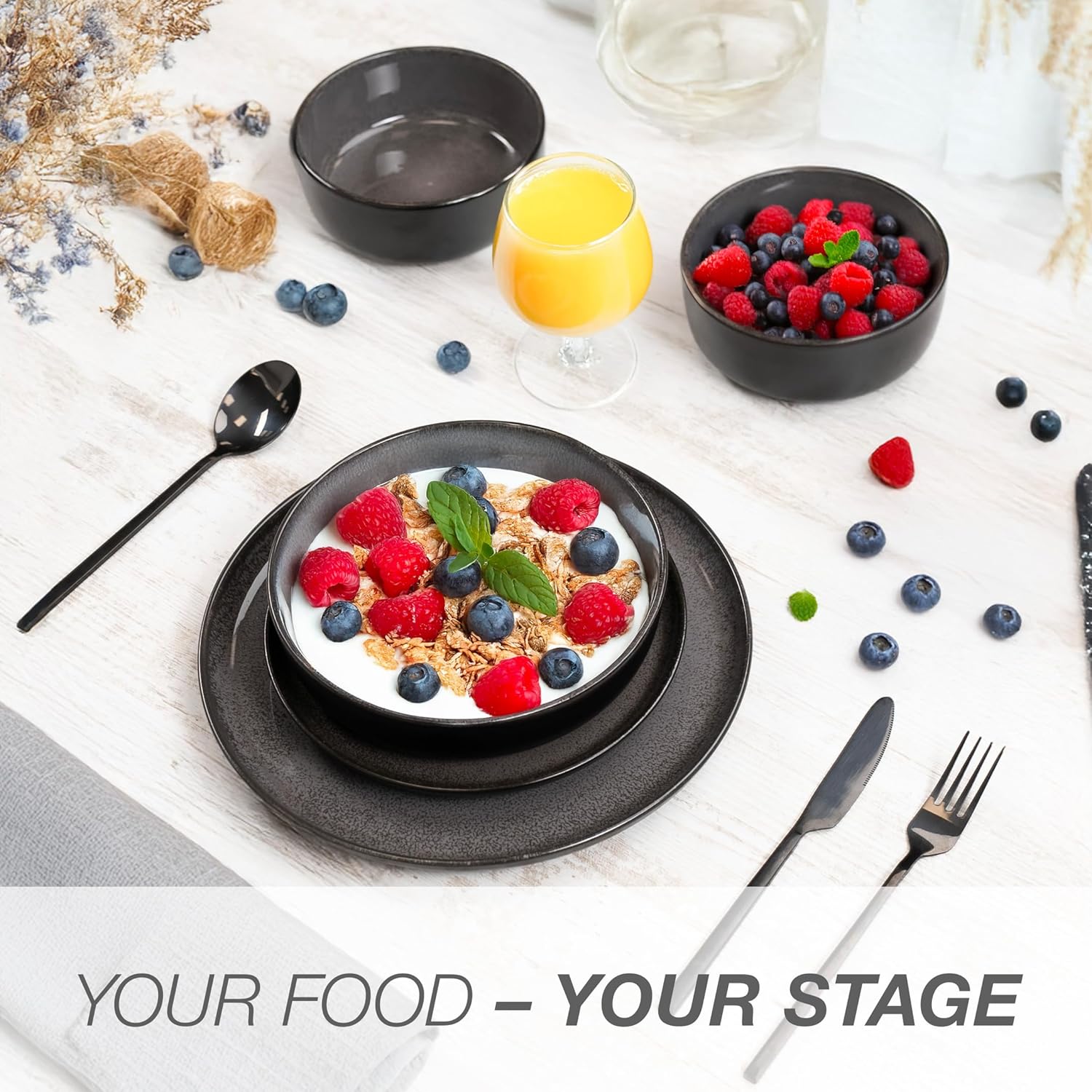 Detalle de Moritz & Moritz VIDA 18-Piece Anthracite Porcelain Dinner Set for 6