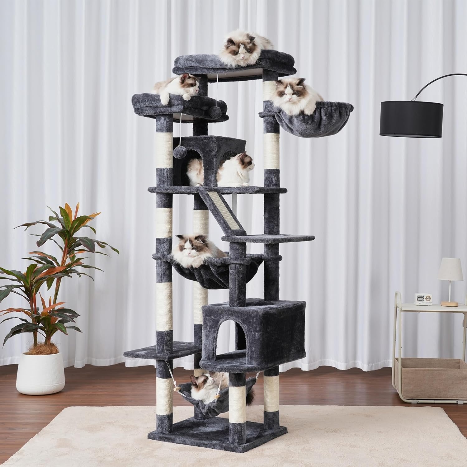 Thumbnail 6 de Heybly Cat Tree 180 cm Tall Indoor Cat Tower with 2 Perches, 2 Condos and 2 Hammocks
