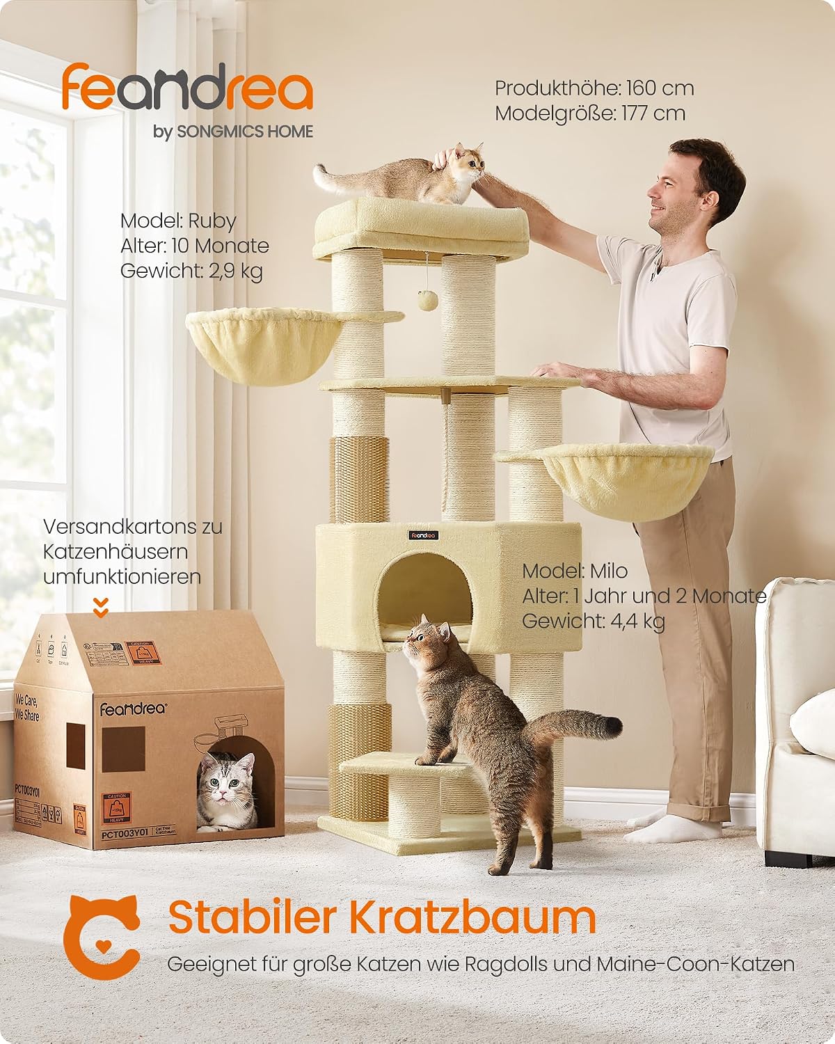 Detalle de Feandrea Kratzbaum PCT003Y01 mit warmen Decken, 50 x 50 x 160 cm und 2 Katzenbürsten