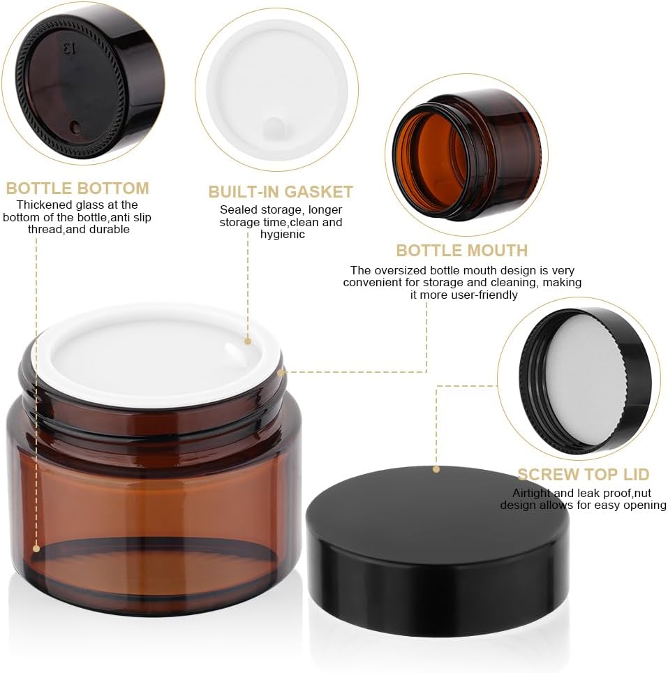 Detalle de HOTUT Pot de Crème Vide en Verre – Lot de 6 pots 30 ml, verre amber et étanche pourCosmétiques en voyage