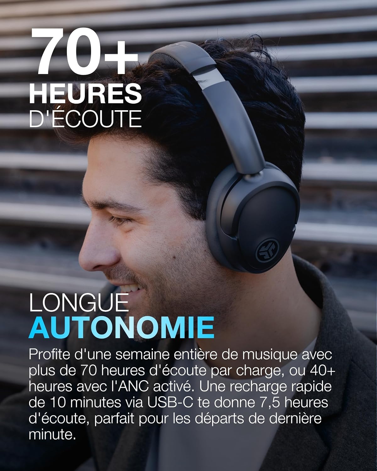 Detalle de JLab JBuds LUX ANC : casque Bluetooth supra-auriculaire pliable avec réduction de bruit active