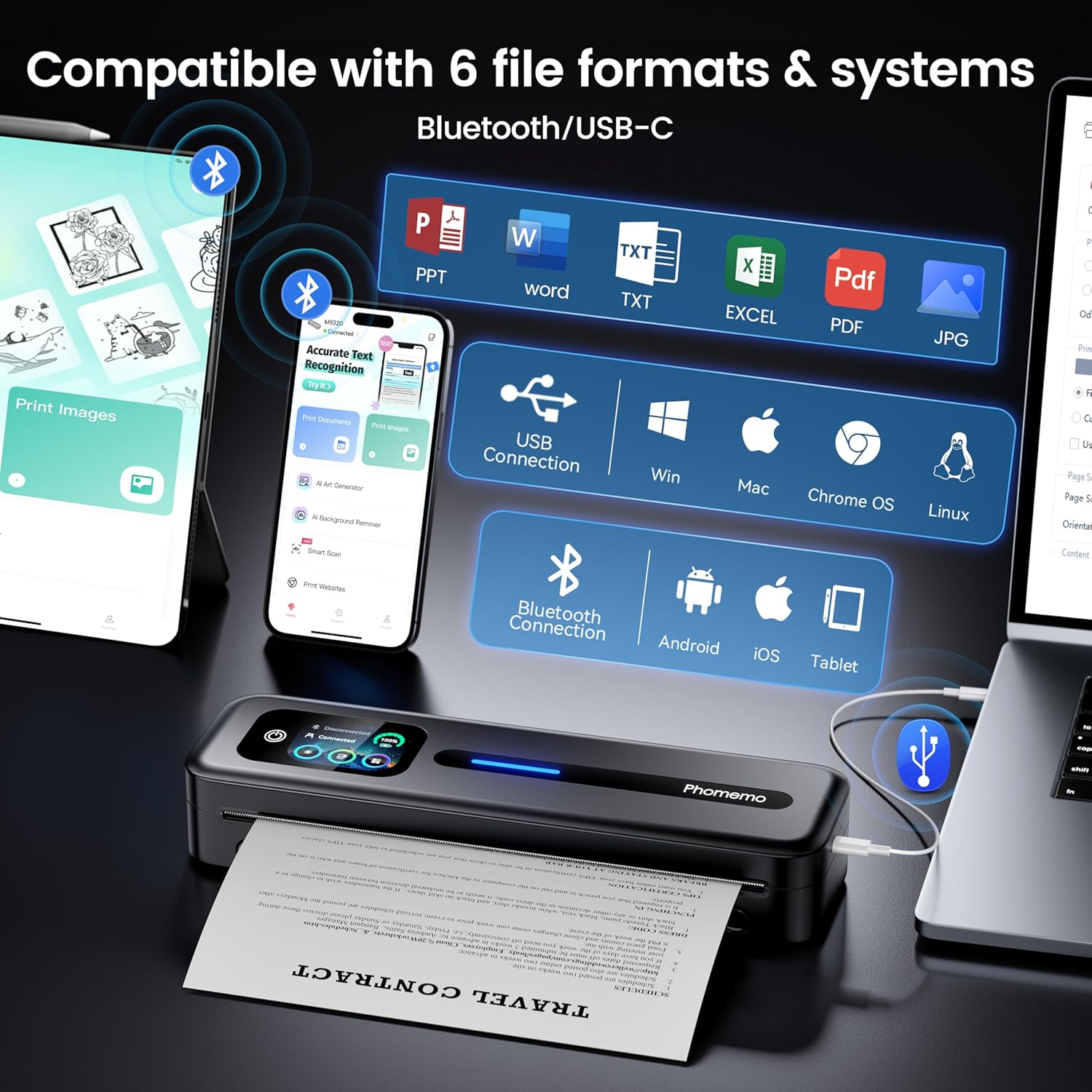 Detalle 2 de Phomemo M832D Thermodrucker A4 – Mobiler Bluetooth/USB-Drucker mit Touchscreen, 300 DPI