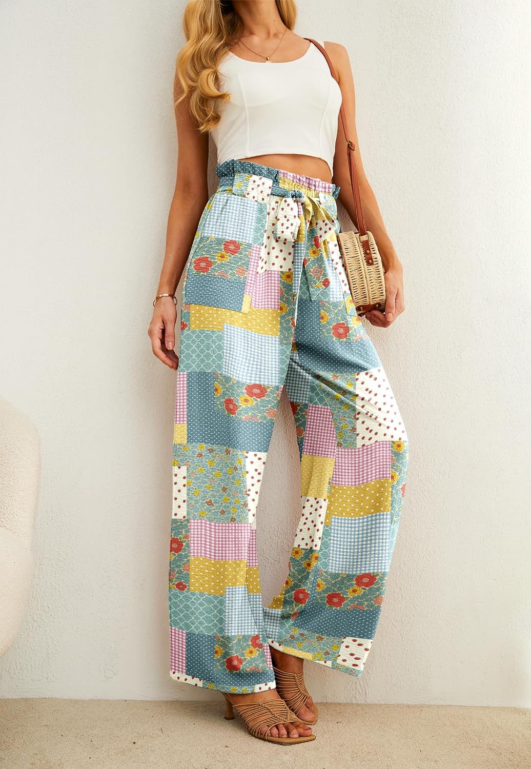 Detalle de IWOLLENCE Women High Waist Palazzo Pants: Adjustable Knot, Deep Pockets, Lightweight Sit-Through-Free Comfort