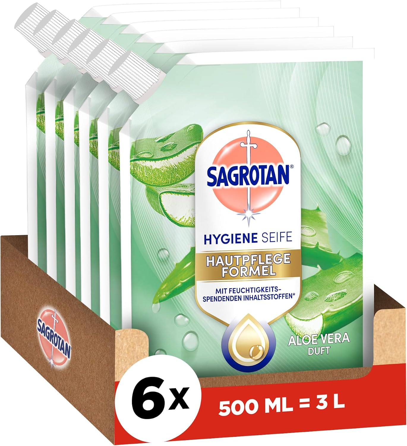 Detalle de Sagrotan Handseife Nachfüller Aloe Vera, 6 x 500 ml – Feuchtigkeitsspendend und stark gegen Bakterien