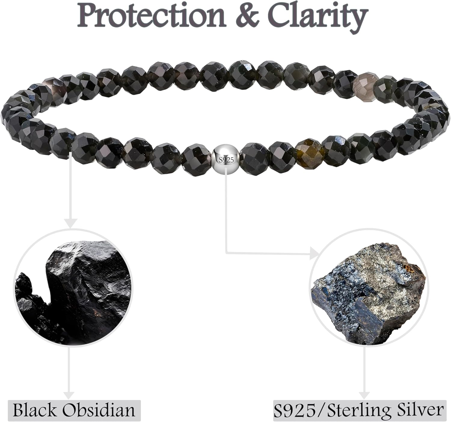 Thumbnail 3 de Farfume 4 mm Edelstein-Perlenarmband mit Schwarzem Obsidian & 925-Silberperle für Damen – elastisch, Chakra/Spiritual Charms