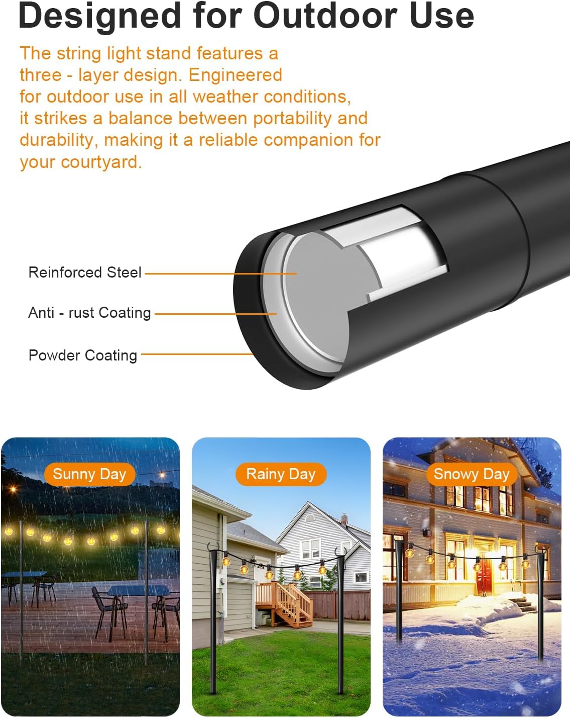 Detalle de 4 Pack Outdoor String Light Poles – Adjustable Thickened Metal Hanger Set for Patio and Garden