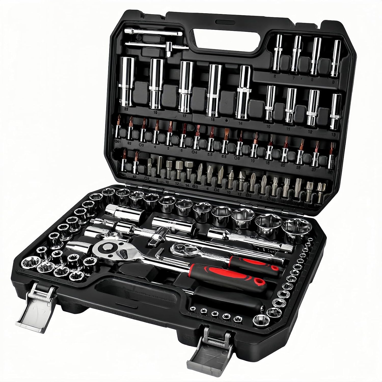 Detalle de HUIYOPU 108-Piece Socket Set with 1/4" & 1/2" ratchet, CR-V bits and tools for DIY, cars and bicycle repairs