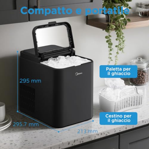 Detalle de Midea MERI12BG30EU Macchina Ghiaccio 12kg/24h, 8 Cubetti in 6–9 Minuti, Nero