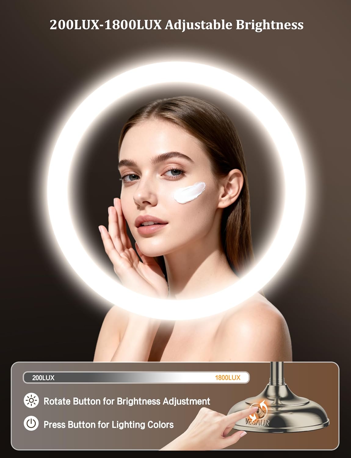 Detalle 2 de VESAUR 2026 Upgraded Lighted Makeup Mirror (9") with 1X/10X/20X Magnification, 3 Light Modes