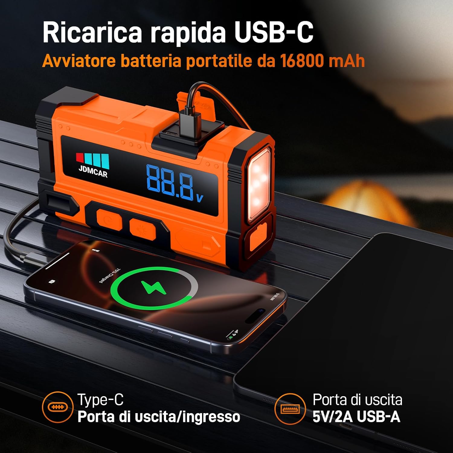 Detalle de JDMCAR 9000A Booster Avviamento Auto – Avviatore Batteria Portatile 12V con LCD, 9.0L Benzina / 8.5L Diesel