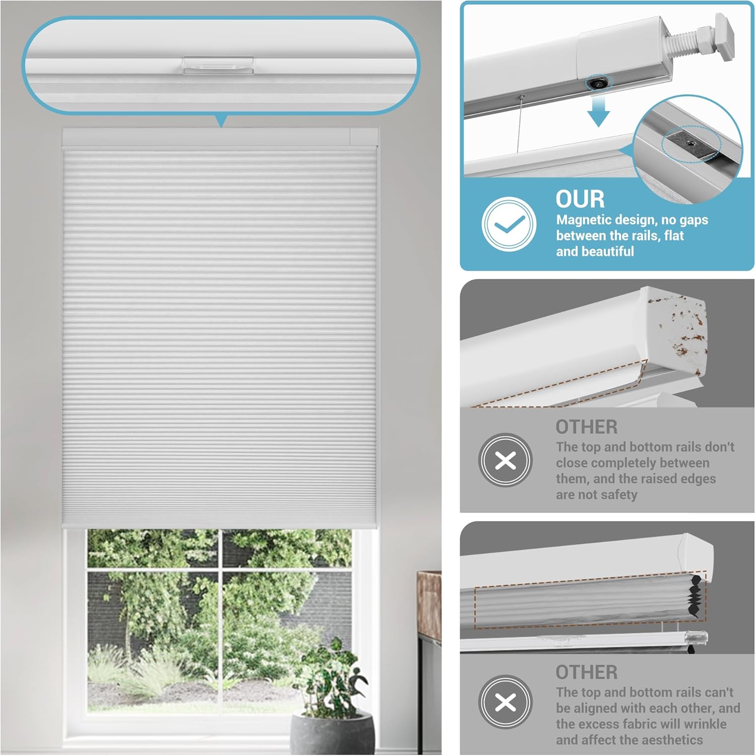 Detalle 2 de Boolegon No Drill No Tools Cellular Shades Top Down Bottom Up Honeycomb Blinds – White, Blackout, 33.5" W x 78" H