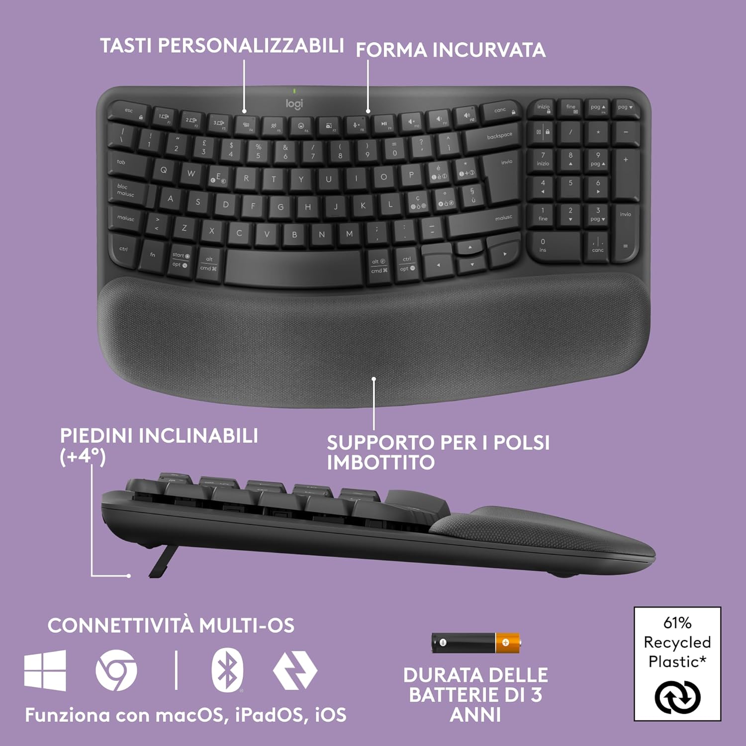 Thumbnail 6 de Logitech Wave Keys: tastiera wireless ergonomica con supporto polsi imbottito e Easy-Switch