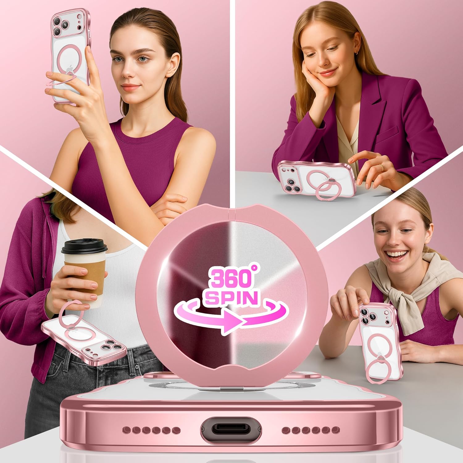 Detalle 2 de GolbinBox Magnetic iPhone 17 Pro Max Case with 360° Rotating Stand (MagSafe Compatible) – Pink/Clear