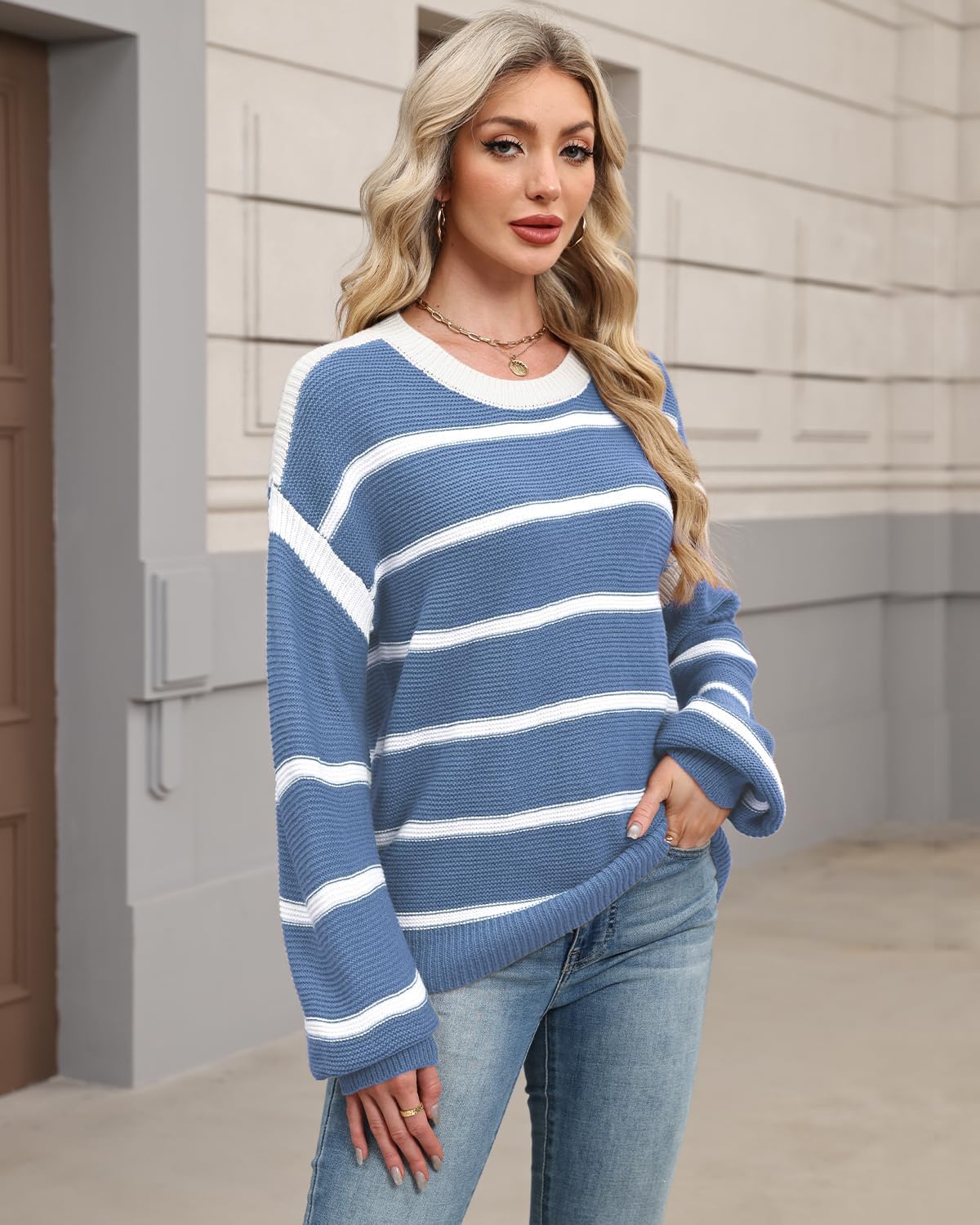 Detalle de Quatrefox Gestreifter Damen-Pullover mit Rundhals und Langarm im Loose-Fit