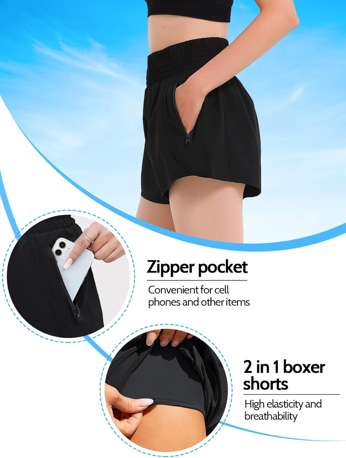 Thumbnail 2 de Kefiyis Pantaloncini da corsa donna 2 in 1 a vita alta con tasca e zip – asciugatura rapida