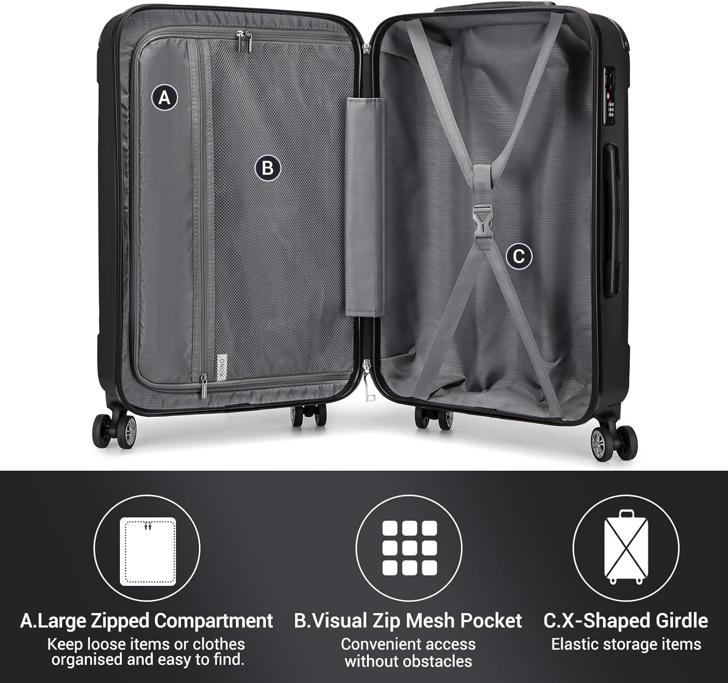 Thumbnail 5 de Kono Cabin Suitcase ABS Lightweight Hard Shell (55x35x20cm, 39L) with 4 Spinner Wheels