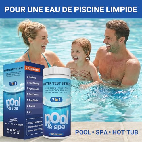 Detalle 2 de AKSBTEC 7-en-1 Bandelette Piscine – Test TAC pour Piscine (pH, Chlore Libre, Chlore Total, Brome, TAC, TH, CYA)