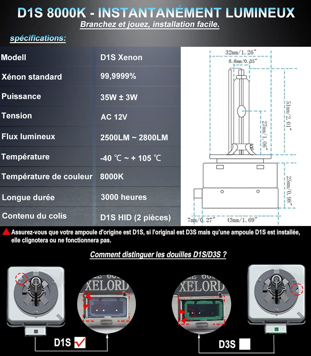 Thumbnail 4 de XELORD D1S 8000K Xenon 35W (12V) lampadina HID, confezione da 2