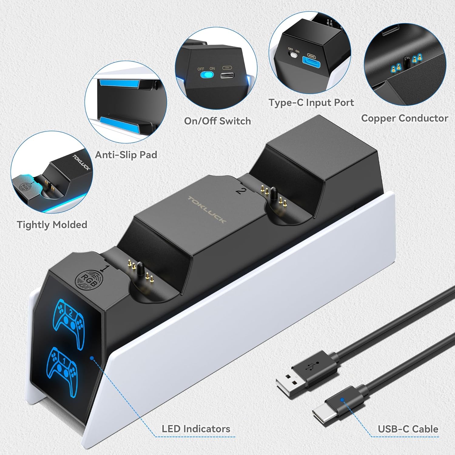 Thumbnail 4 de Tokluck PS5 Controller Charger Station with LED indicators