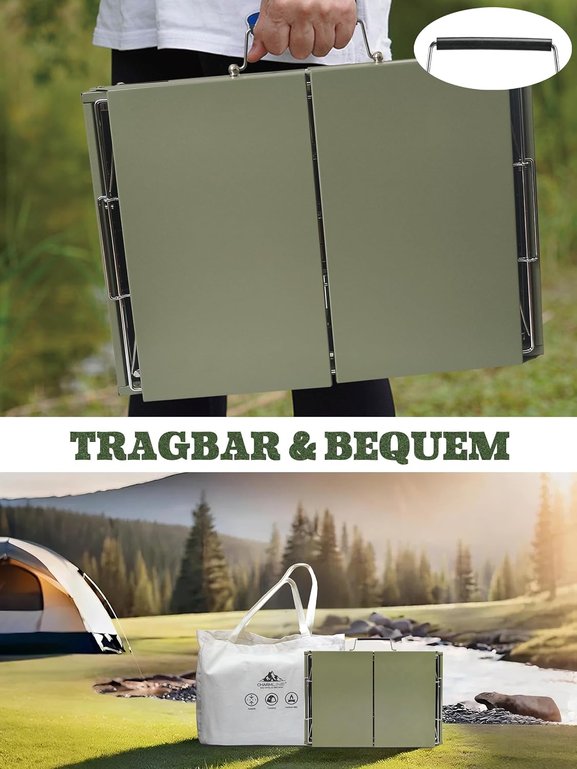 Thumbnail 6 de Charmline Tragbarer Holzkohlegrill – Klappbar, 51 × 35 cm, Für 3–5 Personen, Grün