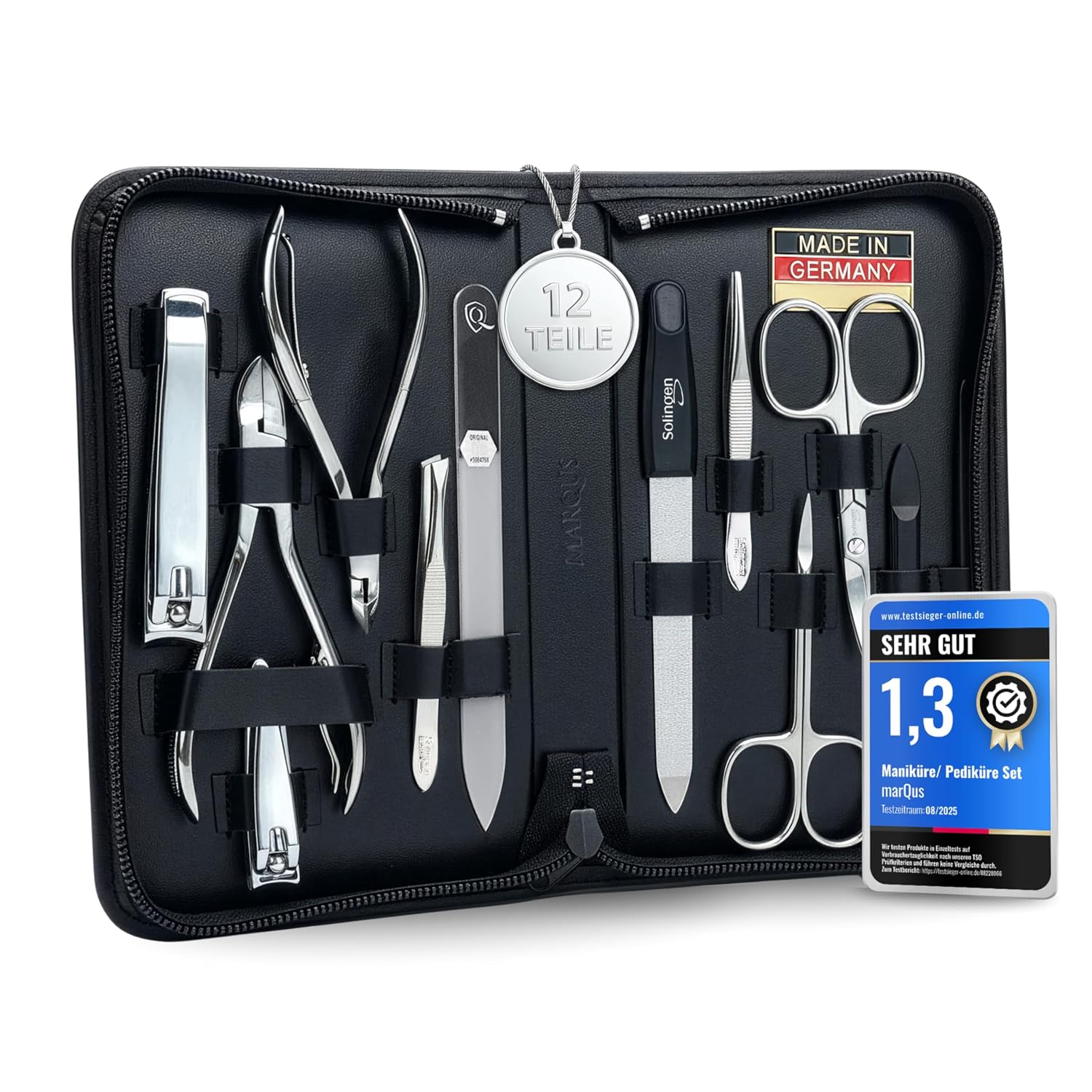 Detalle de marQus Solingen Maniküre- & Pediküre-Set mit 12 Teilen im Echleder-Etui (schwarz)