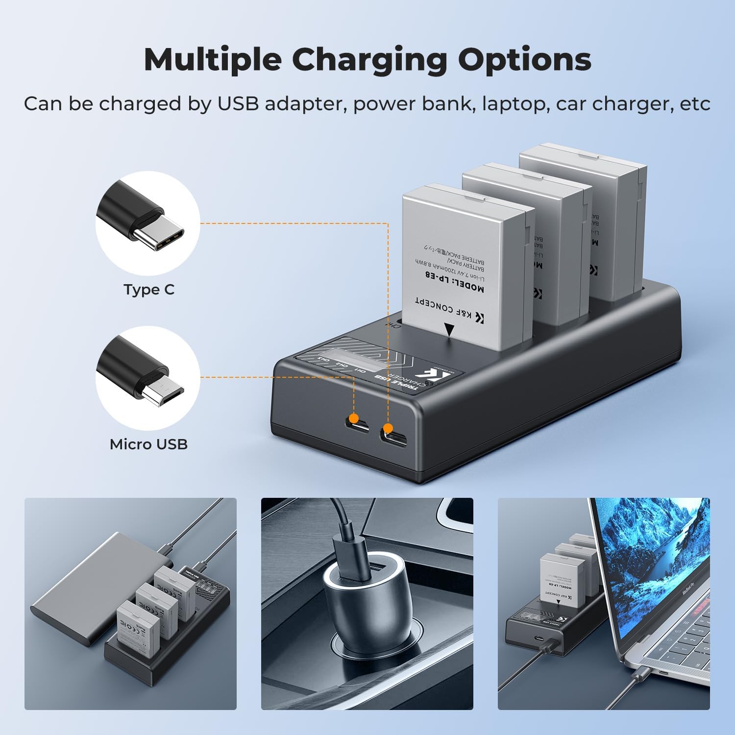 Thumbnail 4 de K&F CONCEPT LP-E8 Battery and LCD Charger – 3 Pack for Canon EOS Rebel Series
