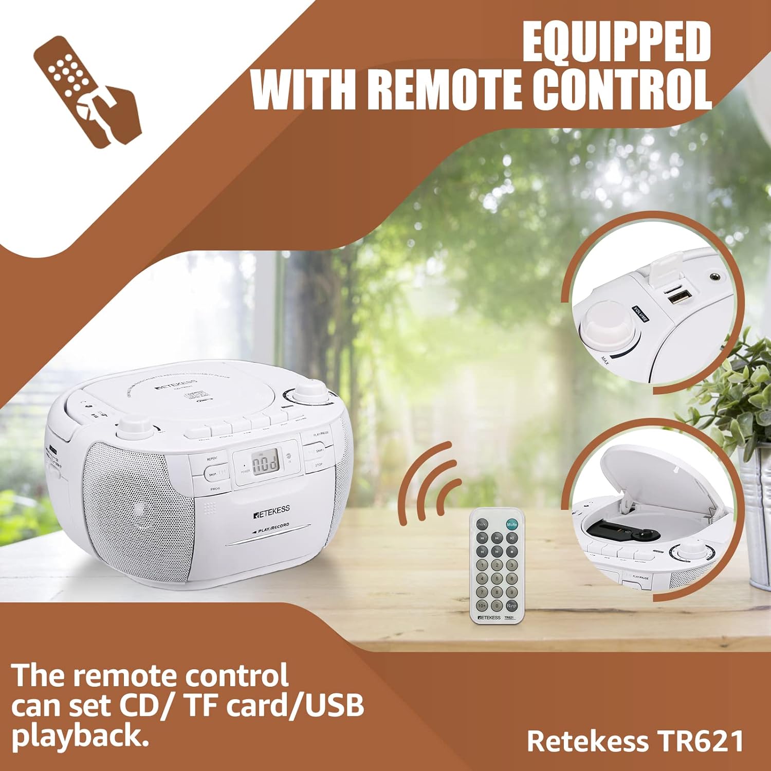 Detalle de Retekess TR621 CD Cassette Boombox with AM/FM Radio, USB and Micro SD