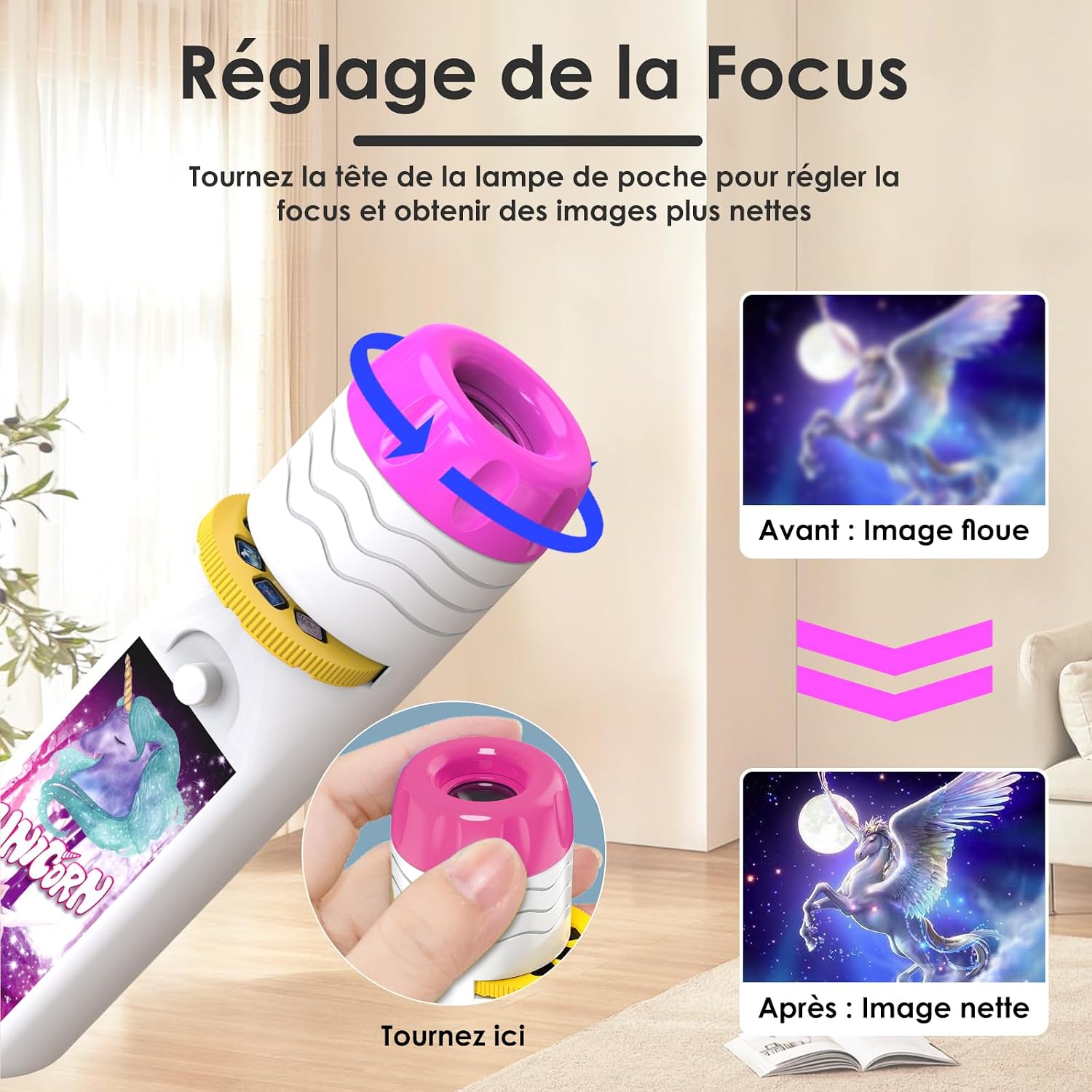 Detalle 2 de Pup Go Lampe torche projecteur licorne pour enfant dès 3 ans – veilleuse à images et 3 disques (24 images)